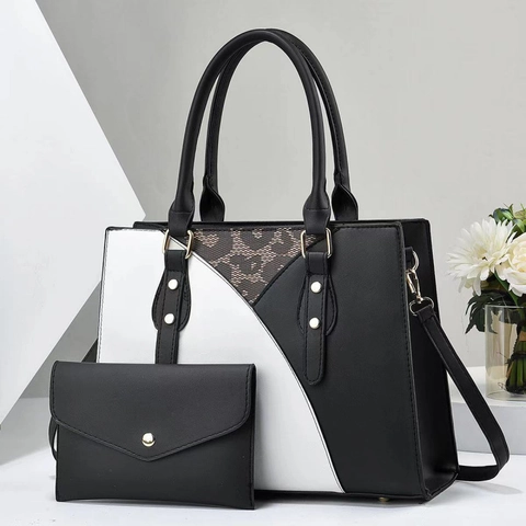 Women's 2pcs Tote Bag Set Color Blocking Leopard Print PU Leather Top Handle Shoulder Bag With Matching Clutch Purse