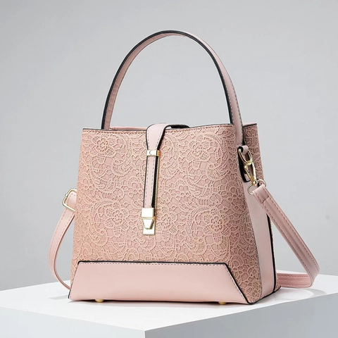 Bolso de Mano Elegante de Encaje para Mujer Moda Cubo de Cuero PU Bandouliera Herrajes Dorados Vintage Fiesta Bolso