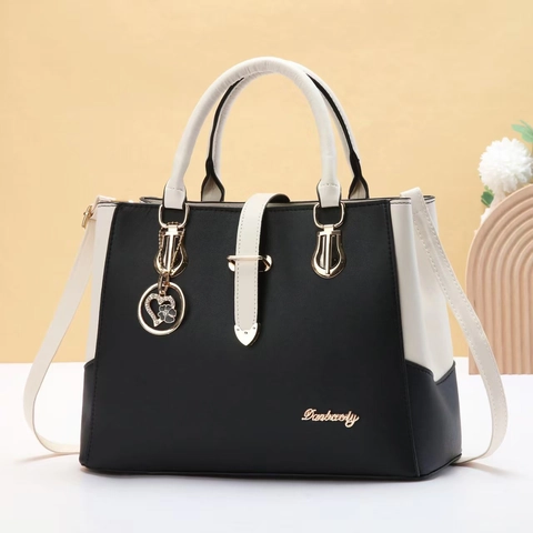 Damen Große Kapazität PU Leder Handtasche Kontrastfarbe Mode Schultertasche Elegante Umhängetasche Mit Blumen Herz Anhänger