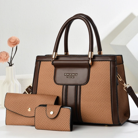 Women PU Leather Tote Handbag And Long Wallet And Cardholder Fashion Woven Texture Shoulder Bag For Daily Travel Casual