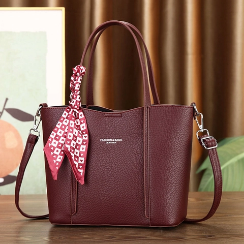 Fashion Lychee Pattern PU Leather Tote Bag For Women Office Commuter Handbag With Decorative Silk Scarf Shoulder Crossbody Bag