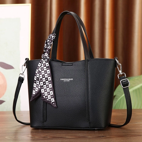 Fashion Lychee Pattern PU Leather Tote Bag For Women Office Commuter Handbag With Decorative Silk Scarf Shoulder Crossbody Bag