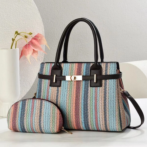 Damen Gewebte Struktur Streifen Tote Bag Große Kapazität PU Leder Handtasche Mit Schultergurt Und Passender Tasche