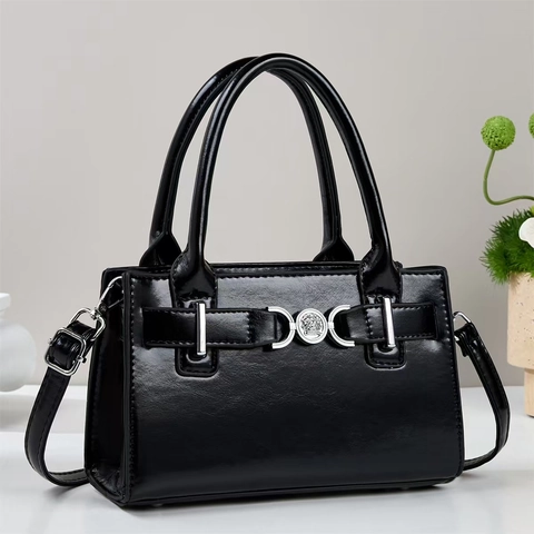 Women Fashion Glossy PU Leather Handbag With Lion Head Metal Buckle Retro Stitching Shoulder Crossbody Bag For Daily Travel