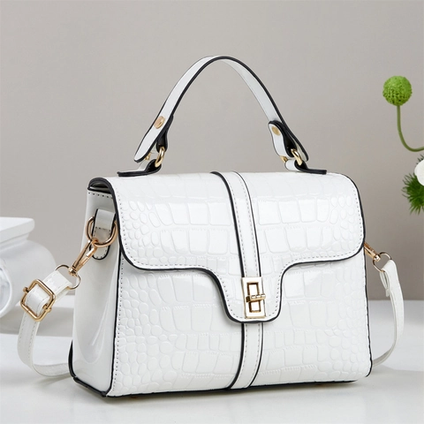 Women Crocodile Embossed Patent Leather Handbag Vintage Square Satchel Messenger Shoulder Bag Elegant Office Lady Top Handle Purse