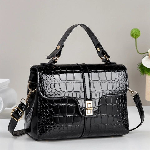 Women Crocodile Embossed Patent Leather Handbag Vintage Square Satchel Messenger Shoulder Bag Elegant Office Lady Top Handle Purse