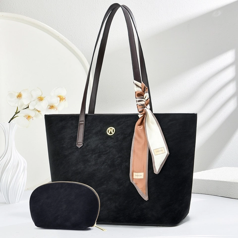 Women PU Leather Tote Bag Set Large Capacity Handbag Two Piece Set With Small Pouch Decorative Scarf Urban Simple Shoulder Bag