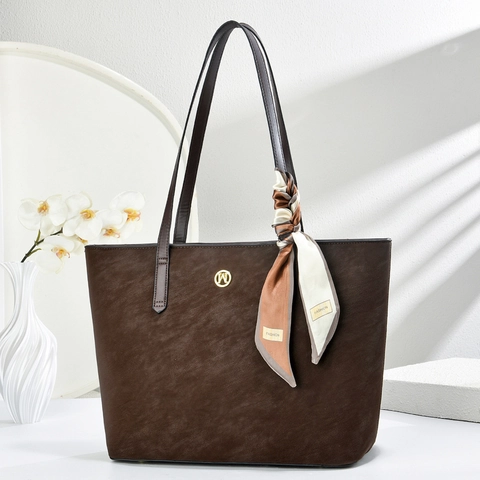 Women Large Capacity PU Leather Tote Bag With Decorative Satin Scarf Metal Logo Zipper Shoulder Bag For Office Daily Use