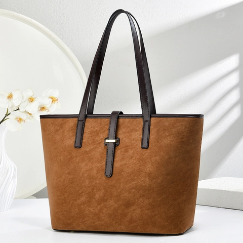 Vintage Large Capacity PU Leather Tote Bag For Women Minimalist Solid Color Shoulder Bag With Zipper Closure Casual Handbag