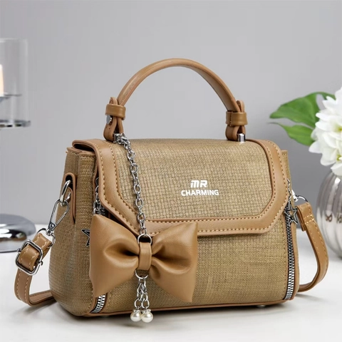 Women Fashion Handbag Woven Texture PU Leather Crossbody Bag With Bow Pearl Decor Elegant Large Capacity Tote Shoulder Bag