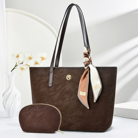 Women PU Leather Tote Bag Set Large Capacity Handbag Two Piece Set With Small Pouch Decorative Scarf Urban Simple Shoulder Bag