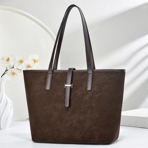 Vintage Large Capacity PU Leather Tote Bag For Women Minimalist Solid Color Shoulder Bag With Zipper Closure Casual Handbag