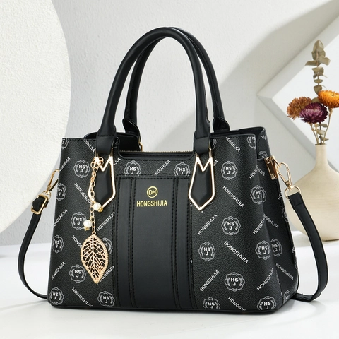 Women Fashion Tote Bag PU Leather Monogram Print Large Capacity Shoulder Crossbody Handbag With Leaf Artificial Pearl Pendant Daily