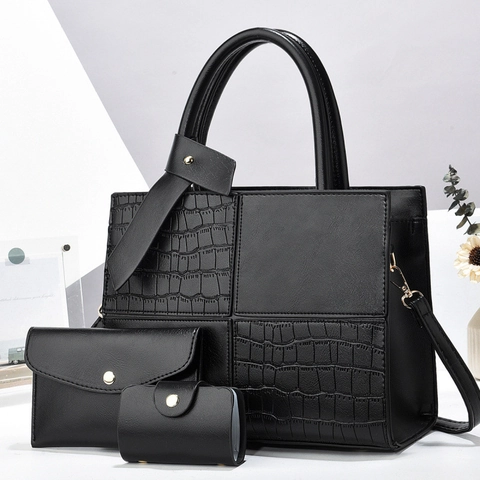 Borsa a Mano da Donna Vintage in Pelle PU Grande Capacità Borsa a Tracolla Con Pochette a Busta e Porta Carte Set Borse Patchwork Coccodrillo