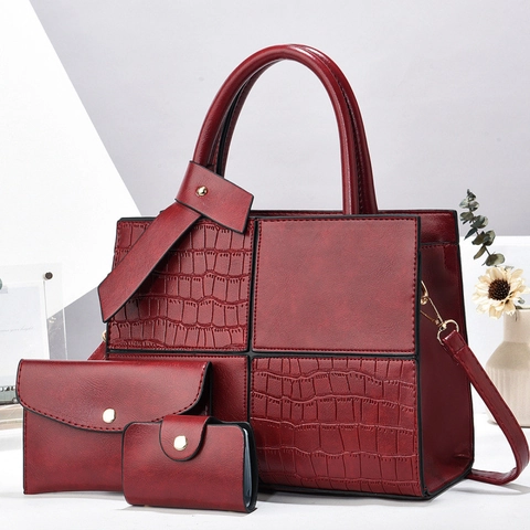 Borsa a Mano da Donna Vintage in Pelle PU Grande Capacità Borsa a Tracolla Con Pochette a Busta e Porta Carte Set Borse Patchwork Coccodrillo