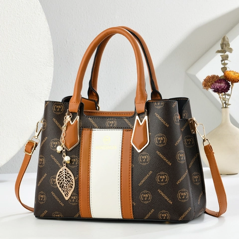 Women Fashion Tote Bag PU Leather Monogram Print Large Capacity Shoulder Crossbody Handbag With Leaf Artificial Pearl Pendant Daily