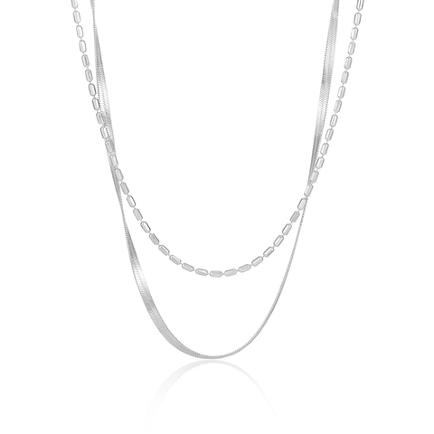 Collier Double Couche en Argent Sterling 925 pour Femme Minimaliste Chaîne Serpent Perles Cylindriques Bijoux Cadeau