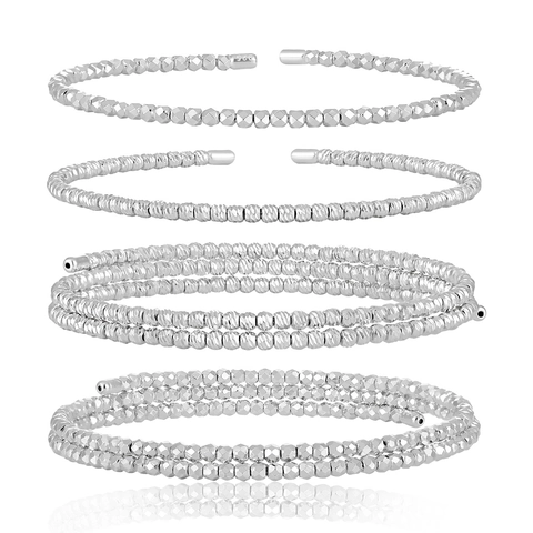 Brazalete de Plata de Ley 925 con Cuentas Geométrico Facetado Espiral de Capas Abierto Chapado en Oro Plata Joyería para Mujer