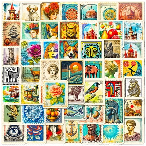 Vintage Art Stamp Stickers Waterproof Vinyl Retro Decal For Scrapbooking Journal DIY Laptop Water Bottle Aesthetic Decor
