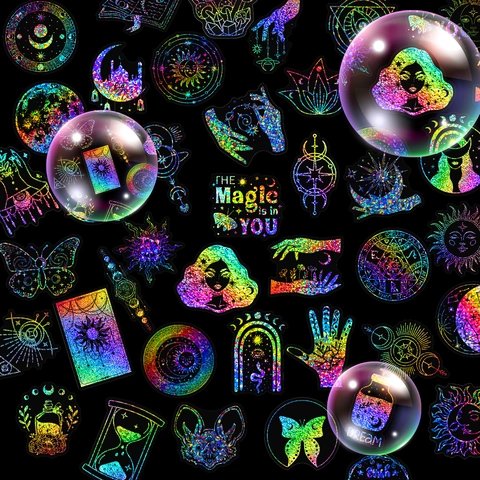 Holographic Laser Magic World PET Stickers Waterproof Celestial Moon Stars Tarot Scrapbooking DIY Decoration Decals