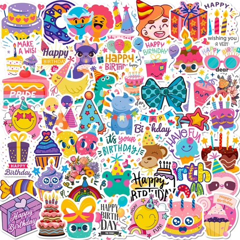Autocollants Graffiti Happy Birthday Imperméable Dessin Animé Gâteau Ballon Bougie Ordinateur Gourde Scrapbook DIY Décalcomanies Fête