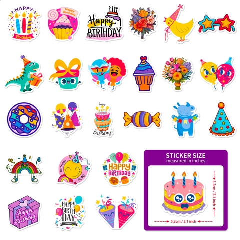 Autocollants Graffiti Happy Birthday Imperméable Dessin Animé Gâteau Ballon Bougie Ordinateur Gourde Scrapbook DIY Décalcomanies Fête