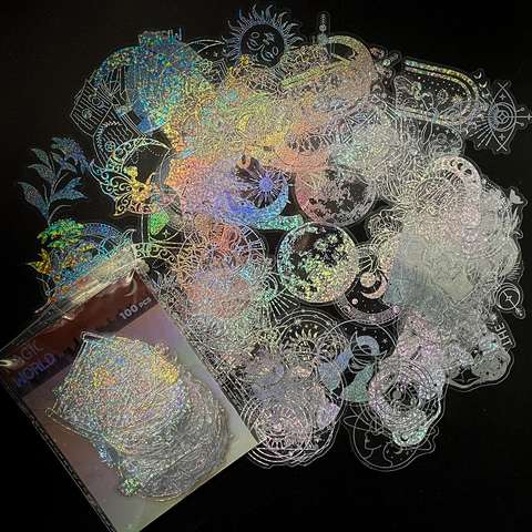 Holographic Laser Magic World PET Stickers Waterproof Celestial Moon Stars Tarot Scrapbooking DIY Decoration Decals
