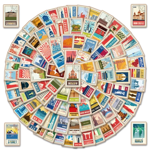 Vintage World Landmark Postage Stamp Stickers Waterproof PVC Global Architecture City Travel Scrapbook Decals For Laptop Luggage Notebook Diary Decoration