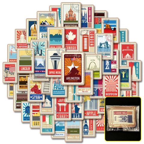 Vintage World Landmark Stickers Waterproof PVC Vinyl Travel Postage Stamp Decals For Laptop Suitcase Skateboard Journal Decor