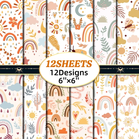 BOHO Rainbow Scrapbook Paper Pack Floral Pattern Acid Free Background Material Paper For DIY Journal Crafting Kids Student Stationery