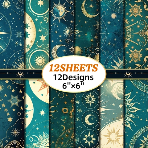 Vintage Himmlisches Scrapbook Papier Material Set Retro Sternenhimmel Sonne Mond Muster Für DIY Journaling Basteln Dekoration