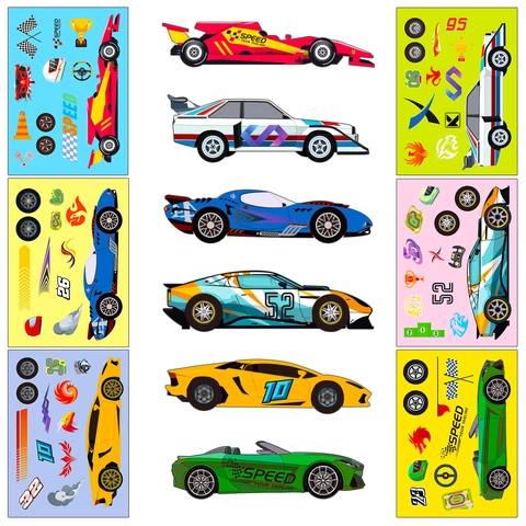 Set di 6 Fogli di Adesivi Fai-da-Te per Bambini a Tema Auto da Corsa Crea un Volto Decalcomanie per Scrapbooking Bomboniere Giocattoli Educativi