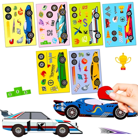 Set di 6 Fogli di Adesivi Fai-da-Te per Bambini a Tema Auto da Corsa Crea un Volto Decalcomanie per Scrapbooking Bomboniere Giocattoli Educativi