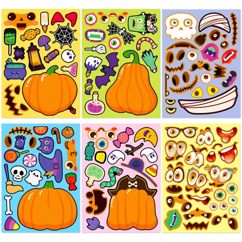 Halloween DIY Pumpkin Face Puzzle Stickers Cartoon Ghost Witch Hat Stickers For Kids Holiday Party Decoration