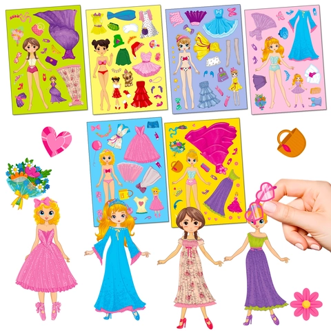 Pegatinas de Cambio de Cara de Vestir de Princesa DIY para Niños Muñeca de Niña de Dibujos Animados Juguete Educativo