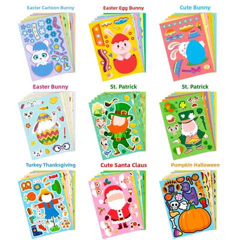 Feiertag DIY Puzzle Gesichtstausch Aufkleber Für Kinder Osterhase Weihnachtsmann Kürbis St Patrick Day Gnom Erntedankfest Truthahn Cartoon Dekorative Abziehbilder