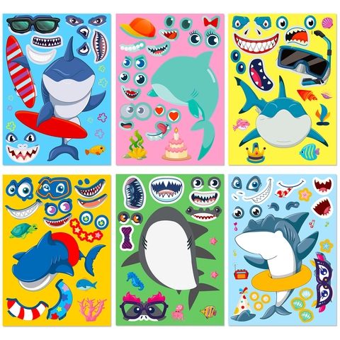 DIY Shark Face Changing Stickers For Kids Ocean Creatures Cartoon Puzzle Stickers For Birthday Party Favors Creative Hand Craft