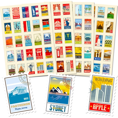 Vintage World Travel Landmark Stamp Stickers Waterproof Vinyl Journaling Scrapbooking DIY Aesthetic Decorative Decals For Adults