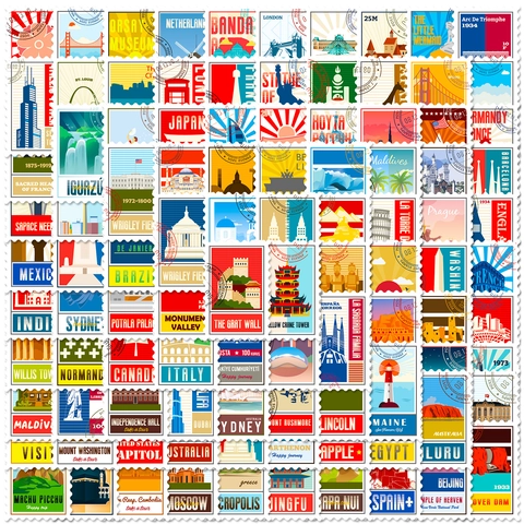 Vintage World Travel Landmark Stamp Stickers Waterproof Vinyl Journaling Scrapbooking DIY Aesthetic Decorative Decals For Adults