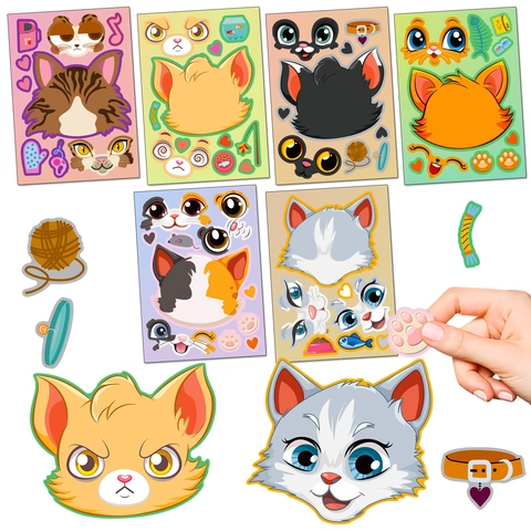DIY Cartoon Cat Face Matching Stickers For Kids Educational Puzzle Reward Stickers Scrapbooking Decorative Paper Decals