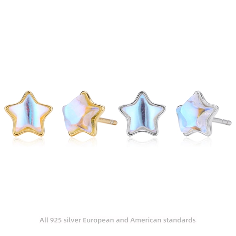 925 Sterling Silver Star Stud Earrings With Iridescent Synthetic Opal Moonstone Inlaid Gold Plated Minimalist Women Jewelry