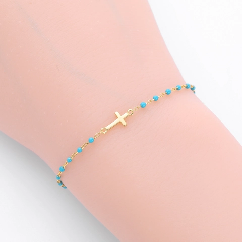 Pulsera de Cruz de Plata de Ley 925 para Mujer Minimalista con Cuentas de Colores de Esmalte Chapado en Oro y Plata Joyería Religiosa Regalo