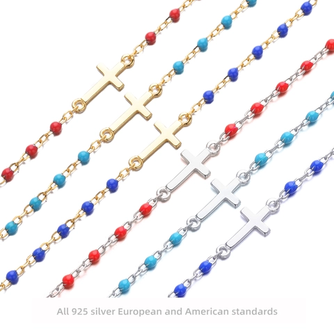 Pulsera de Cruz de Plata de Ley 925 para Mujer Minimalista con Cuentas de Colores de Esmalte Chapado en Oro y Plata Joyería Religiosa Regalo