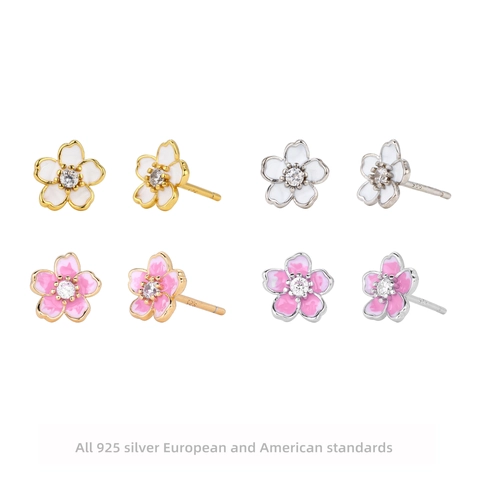 925 Sterling Silver Cherry Blossom Stud Earrings For Women Elegant Enamel Sakura Flower Earrings With Zirconia Zircon Jewelry Gift