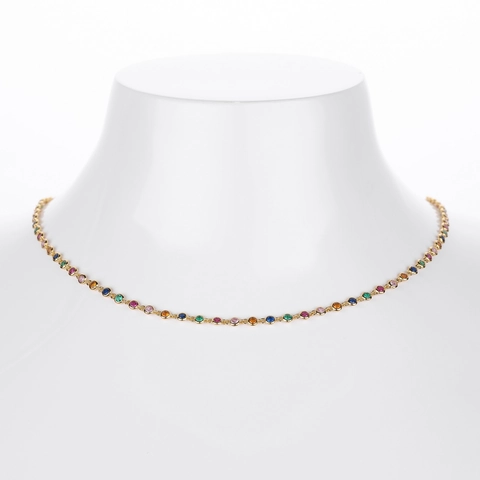 S925 Sterling Silver Rainbow Colorful Zirconia Station Necklace For Women 18K Gold Plated Bezel Set Multicolored Stone Choker Jewelry