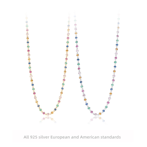 S925 Sterling Silver Rainbow Colorful Zirconia Station Necklace For Women 18K Gold Plated Bezel Set Multicolored Stone Choker Jewelry