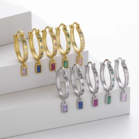 925 Sterling Silver Rectangle Zirconia Drop Earrings For Women Gold White Gold Plated Geometric Hoop Jewelry Wedding Party Gift
