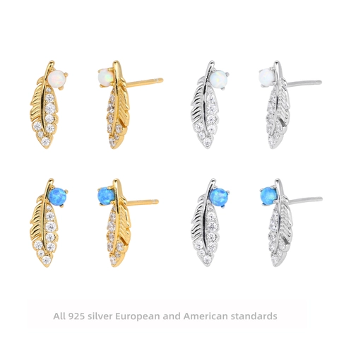 Exquisite 925 Sterling Silver Feather Stud Earrings With Opal Cubic Zirconia Gold Silver Plated Bohemian Jewelry For Women