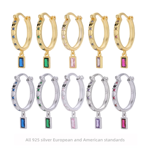 925 Sterling Silver Rectangle Zirconia Drop Earrings For Women Gold White Gold Plated Geometric Hoop Jewelry Wedding Party Gift