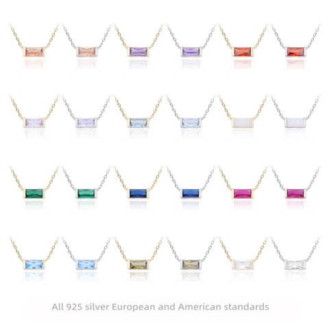 925 Sterling Silver Baguette Cut Zirconia Pendant Necklace For Women 18K Gold Plated Minimalist Birthstone Geometric Jewelry Square Crystal Necklace